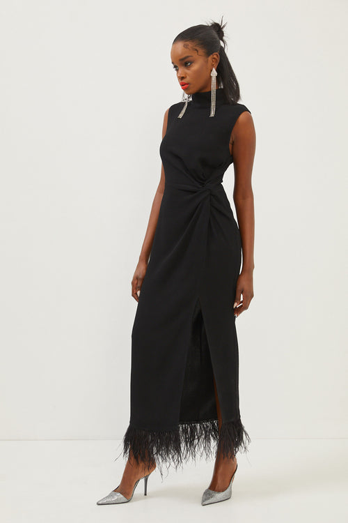 Black High Collar Sleeveless Feather Detailed Maxi Slit Dress