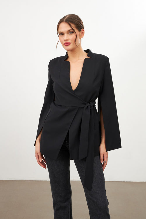 Black Sleeve Detailed Jacket With Tie Detail At Waist