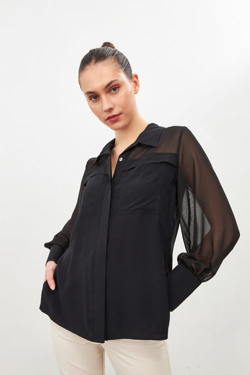 Black Transparent Long Sleeve Shirt With Pocket Detail