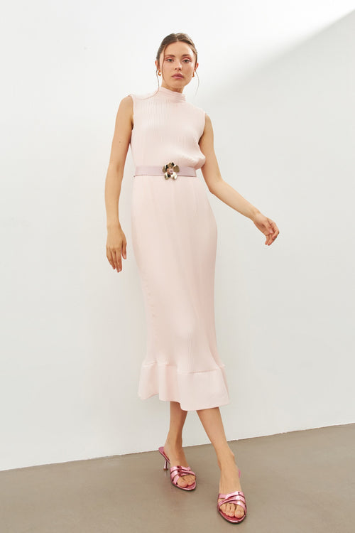 Coral High Collar Pleated Ready Mada Belt Detailed Sleeveless Midi Dress