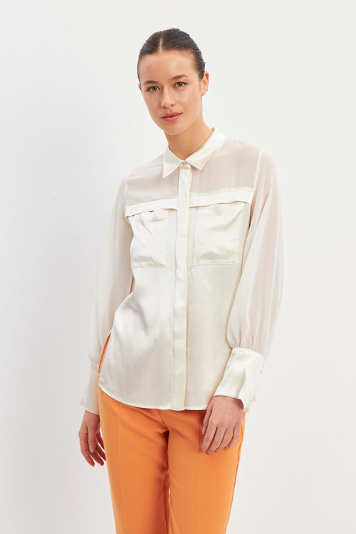 Cream Transparent Long Sleeve Shirt With Pocket Detail