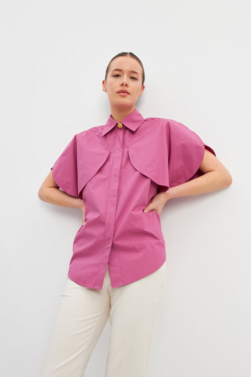 Dusty Rose Short Sleeve Shirt With Cape Detail On Shoulders