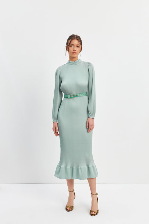 Mint Pleat Detailed Midi Length Belted Dress