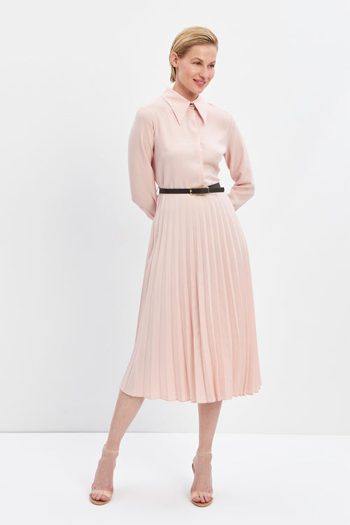 Powder Shirt Collar Pleat Detailed Belted Midi Dress