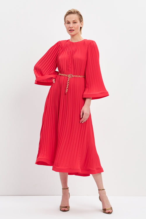 Red Pleat Detailed Belted Dress