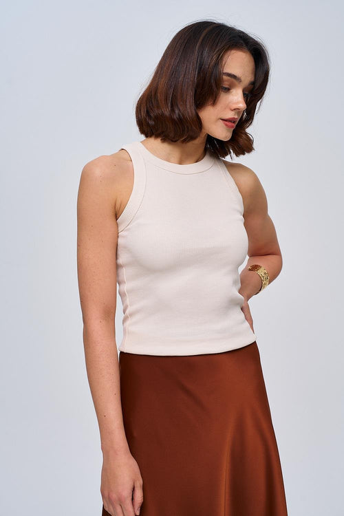 Sleeveless Beige Triko Blouse