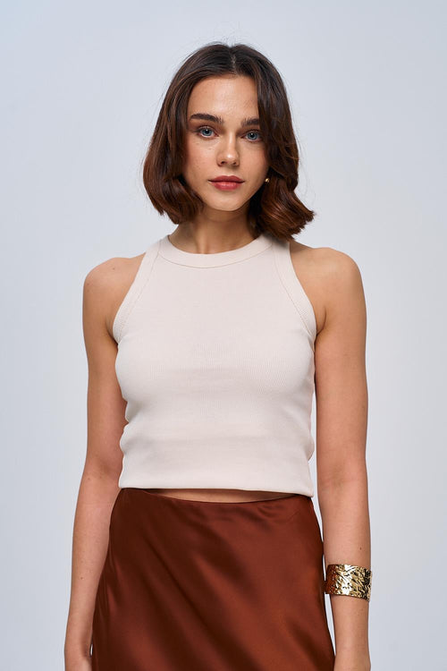 Sleeveless Beige Triko Blouse