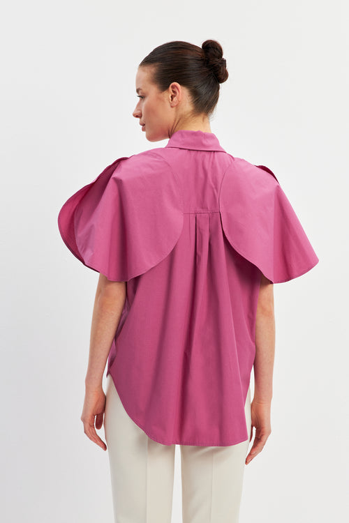 Dusty Rose Short Sleeve Shirt With Cape Detail On Shoulders