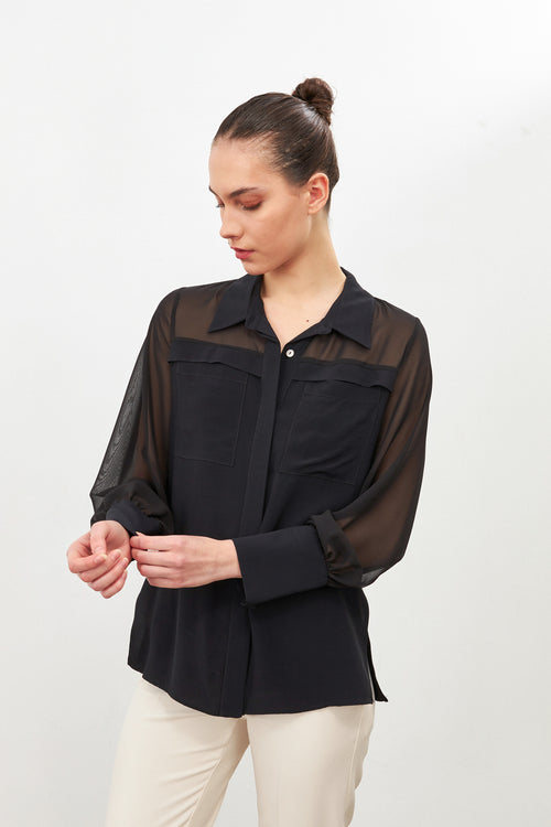 Black Transparent Long Sleeve Shirt With Pocket Detail