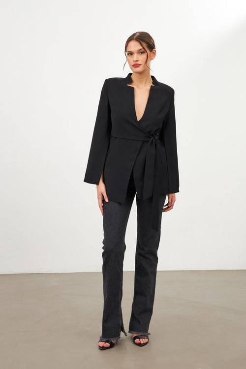 Black Sleeve Detailed Jacket With Tie Detail At Waist