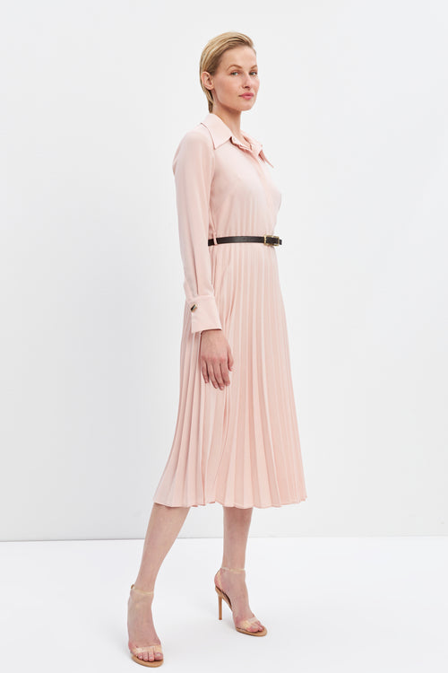 Powder Shirt Collar Pleat Detailed Belted Midi Dress