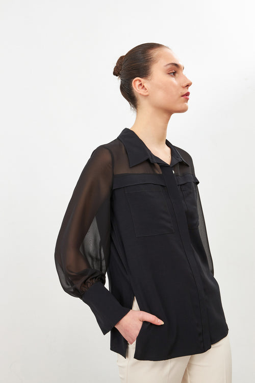 Black Transparent Long Sleeve Shirt With Pocket Detail