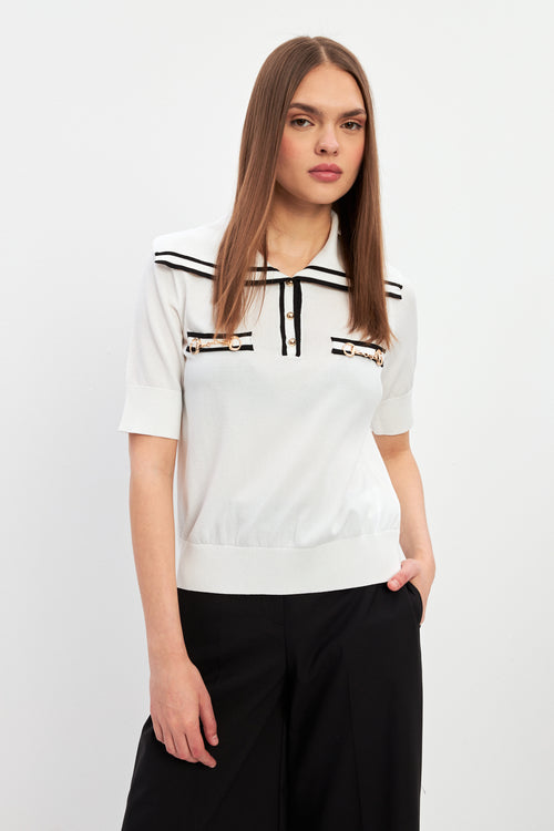 White Triko Blouse With Foldable Collars