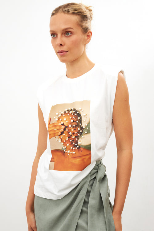 Light Beige Pearl Detailed Printed Padded T Shirt