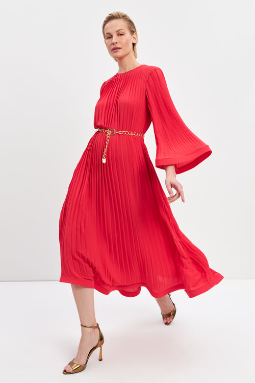 Red Pleat Detailed Belted Dress