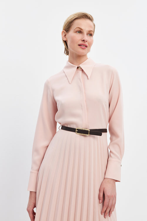 Powder Shirt Collar Pleat Detailed Belted Midi Dress