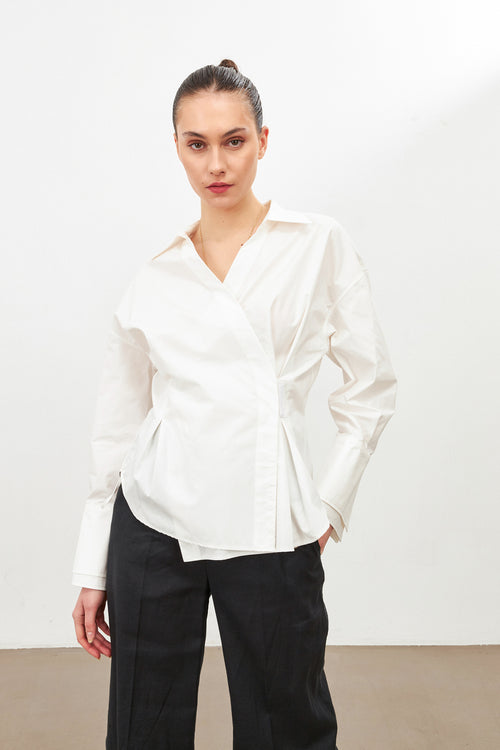 Light Beige Waist Detailed Asymmetrical Closure Long Sleeve Shirt