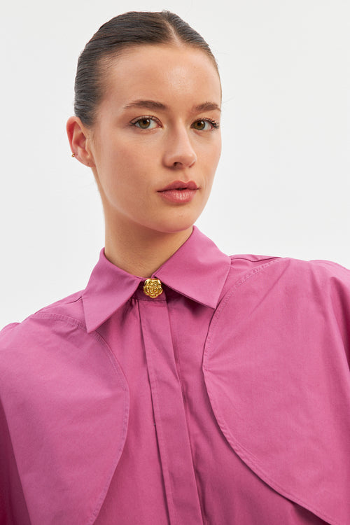 Dusty Rose Short Sleeve Shirt With Cape Detail On Shoulders