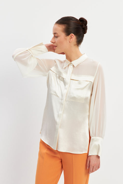 Cream Transparent Long Sleeve Shirt With Pocket Detail