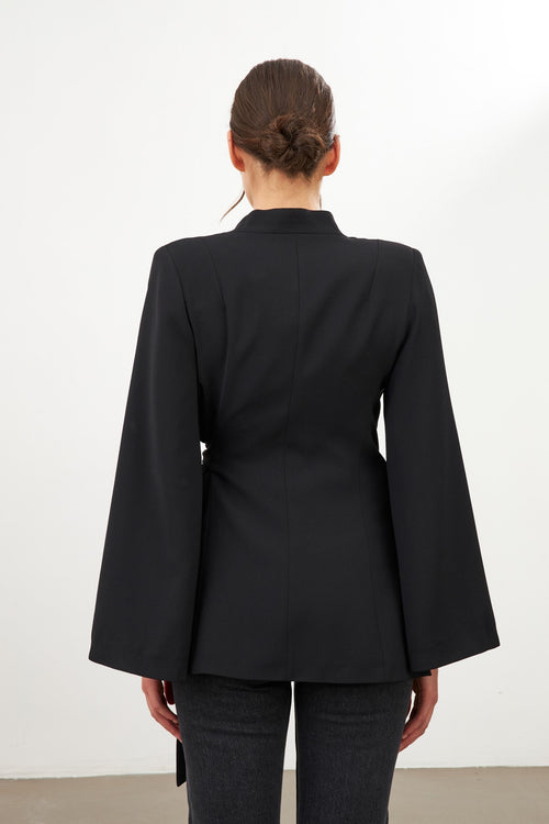 Black Sleeve Detailed Jacket With Tie Detail At Waist