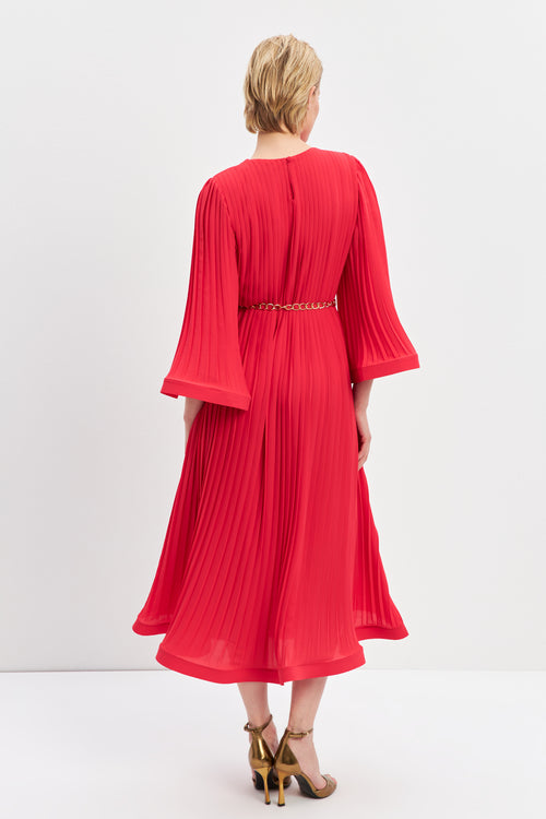 Red Pleat Detailed Belted Dress