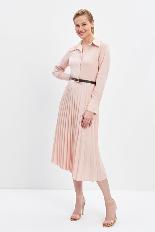 Powder Shirt Collar Pleat Detailed Belted Midi Dress