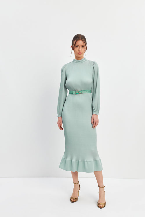 Mint Pleat Detailed Midi Length Belted Dress