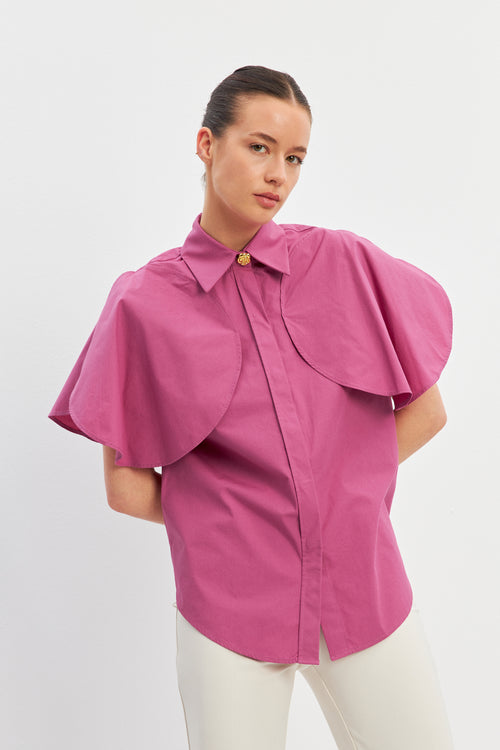 Dusty Rose Short Sleeve Shirt With Cape Detail On Shoulders