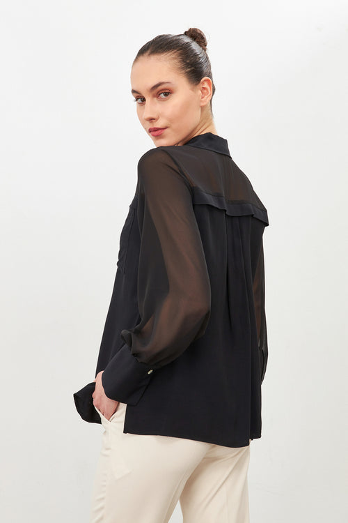 Black Transparent Long Sleeve Shirt With Pocket Detail