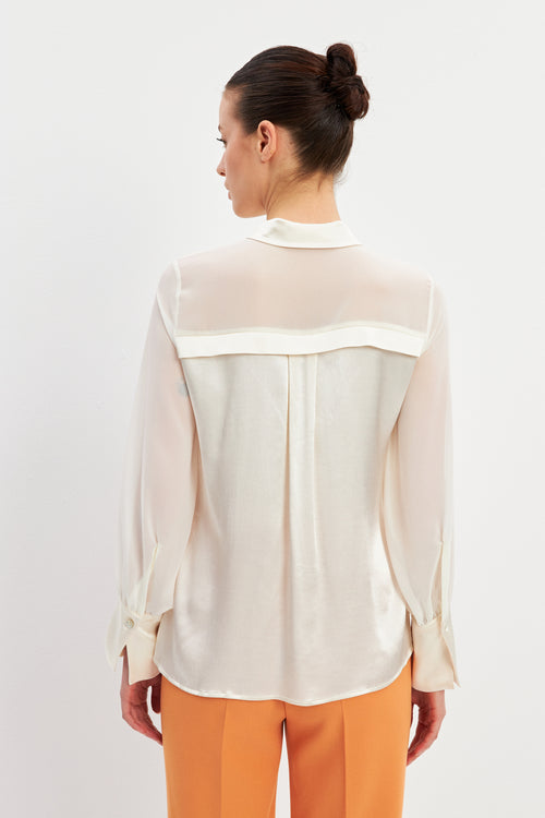 Cream Transparent Long Sleeve Shirt With Pocket Detail