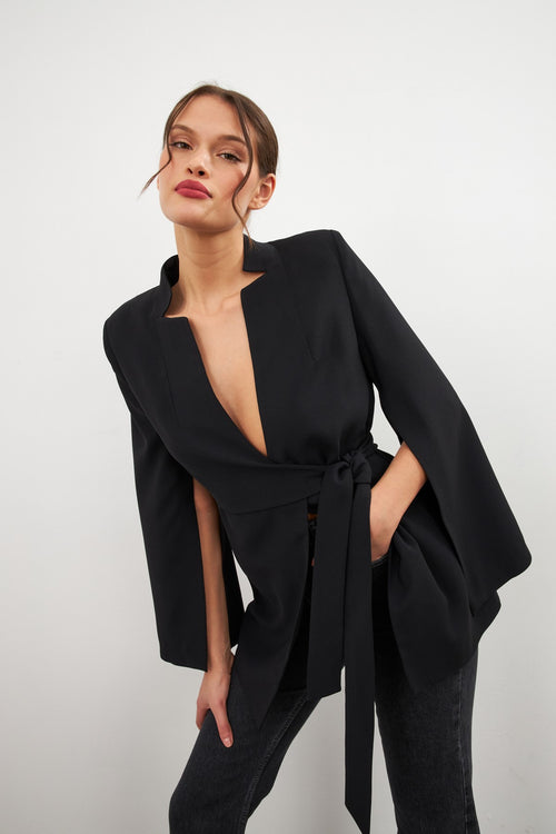 Black Sleeve Detailed Jacket With Tie Detail At Waist