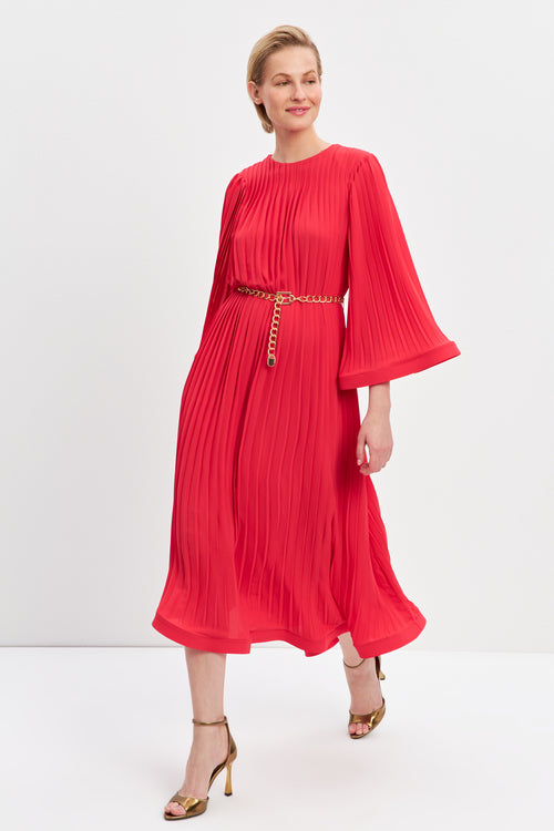 Red Pleat Detailed Belted Dress