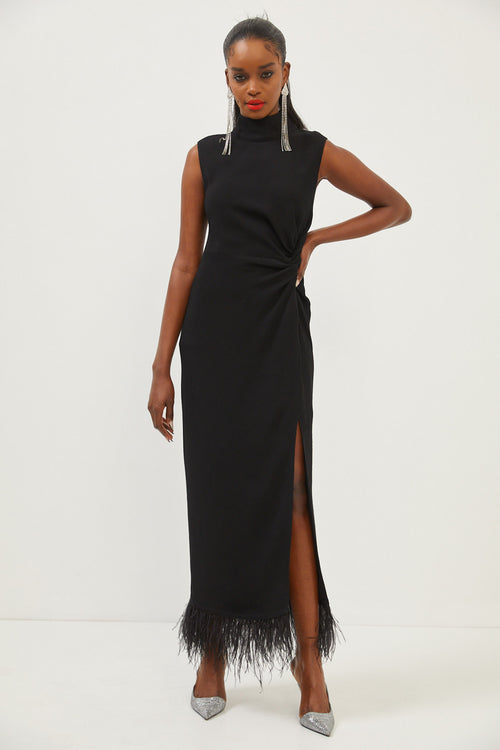 Black High Collar Sleeveless Feather Detailed Maxi Slit Dress