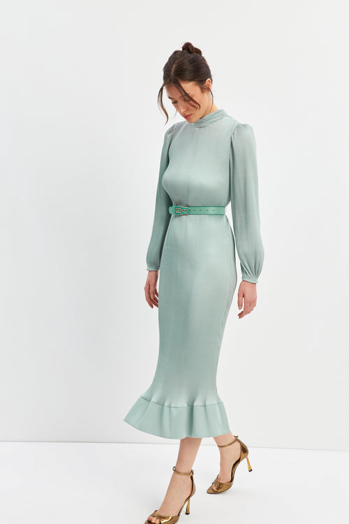 Mint Pleat Detailed Midi Length Belted Dress