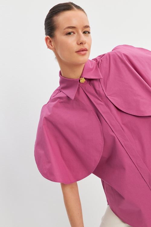 Dusty Rose Short Sleeve Shirt With Cape Detail On Shoulders