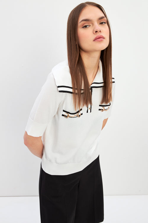 White Triko Blouse With Foldable Collars