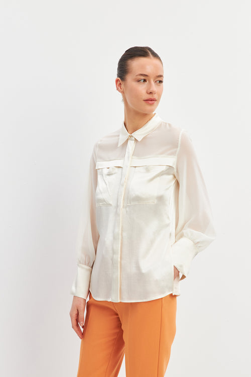 Cream Transparent Long Sleeve Shirt With Pocket Detail