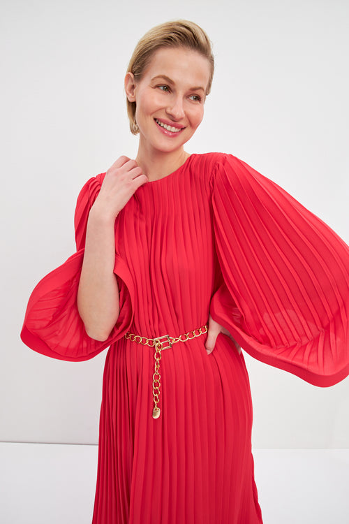 Red Pleat Detailed Belted Dress