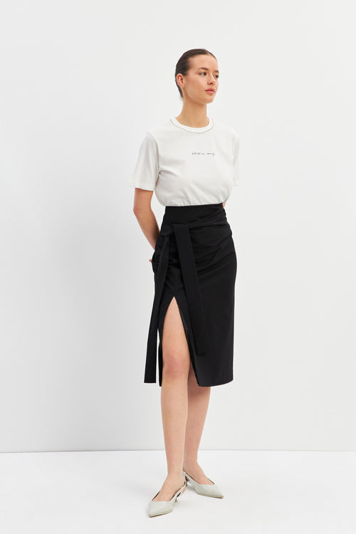 Black Side Tie Midi Skirt