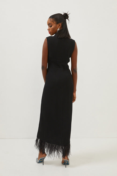 Black High Collar Sleeveless Feather Detailed Maxi Slit Dress