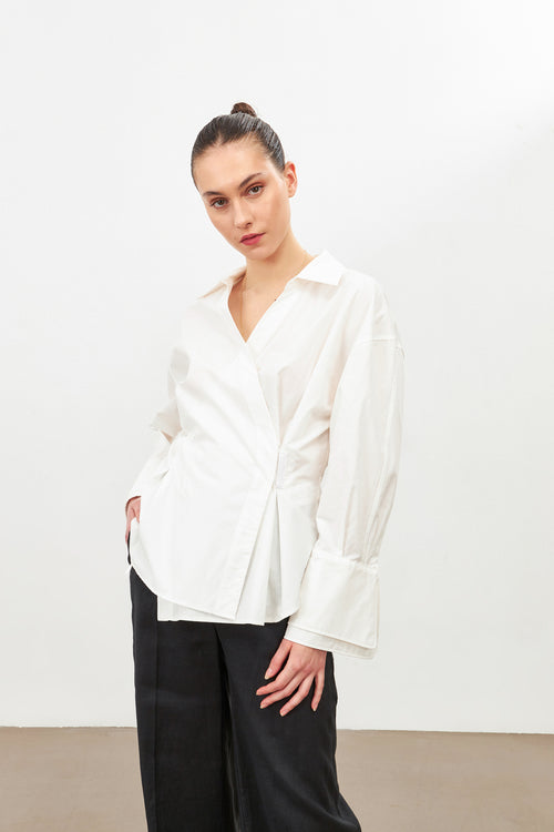 Light Beige Waist Detailed Asymmetrical Closure Long Sleeve Shirt