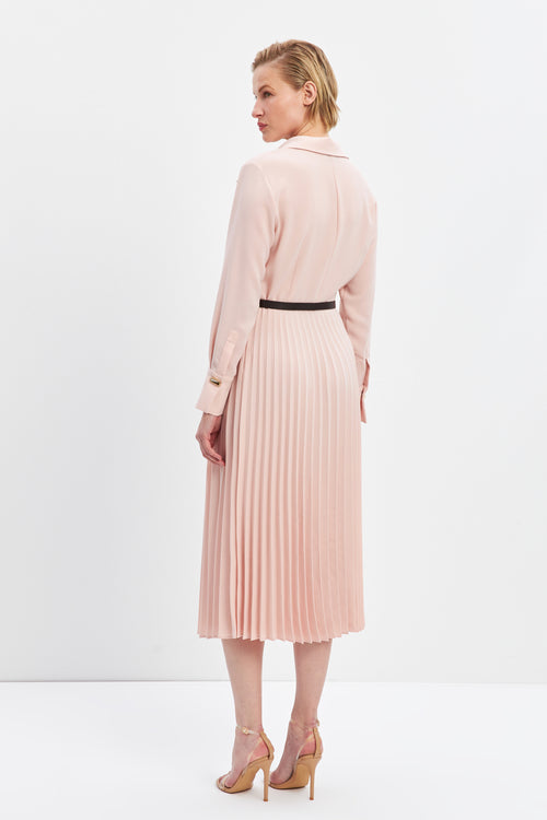 Powder Shirt Collar Pleat Detailed Belted Midi Dress